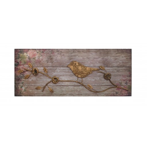 Decorative Metallic Bird With Wood Base (Tan)