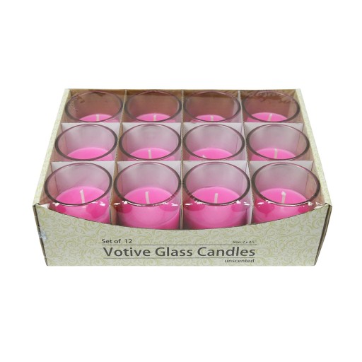 Hot Pink Round Glass Votive Candles (12pc/Box)