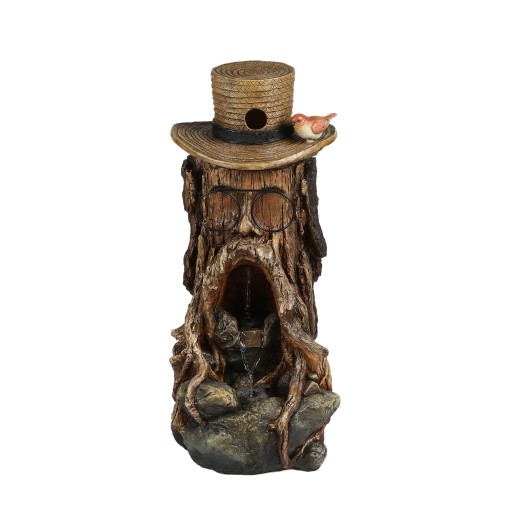31 Inch Tree Stump Face Fountain with Led Light and Bird House