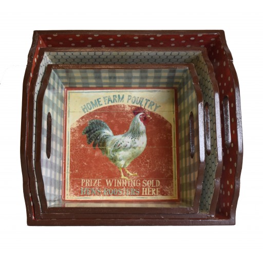 Rooster-themed Wooden Tray (Set of 3)