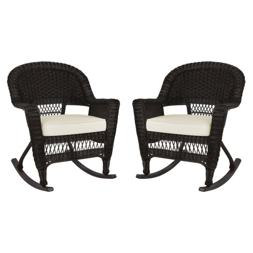 Espresso Rocker Wicker Chair with Ivory Cushion -  Set of 2