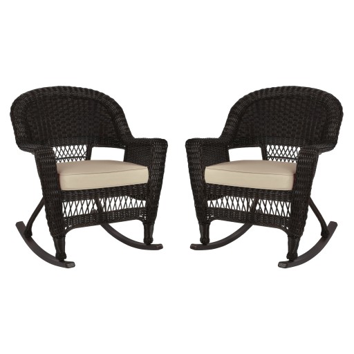 Espresso Rocker Wicker Chair with Tan Cushion -  Set of 2