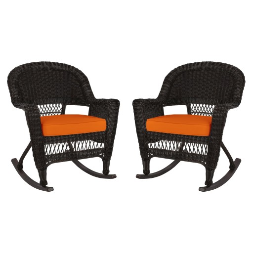 Espresso Rocker Wicker Chair with Orange Cushion -  Set of 2