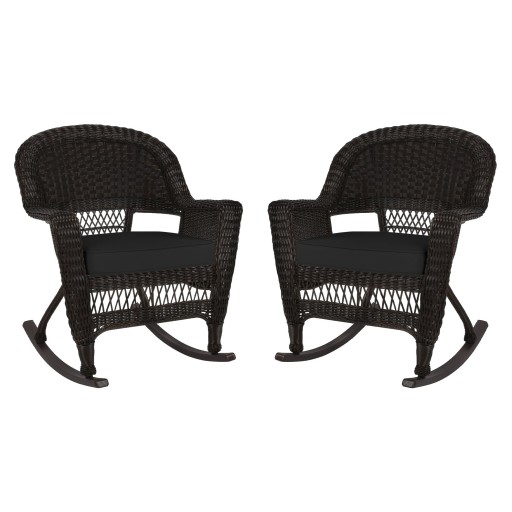 Espresso Rocker Wicker Chair with Black Cushion -  Set of 2