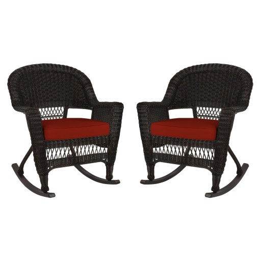 Espresso Rocker Wicker Chair with Brick Red Cushion -  Set of 2