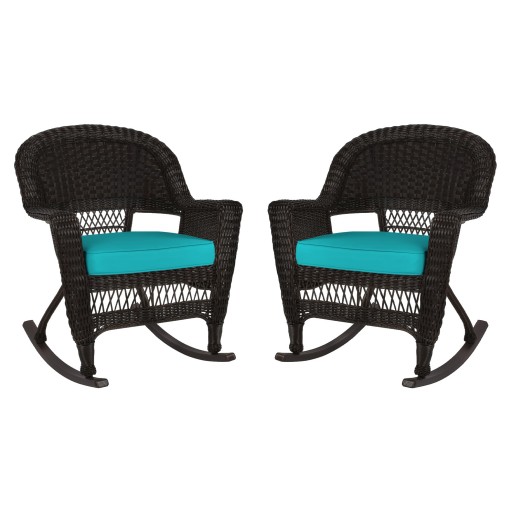 Espresso Rocker Wicker Chair with Turquoise Cushion -  Set of 2