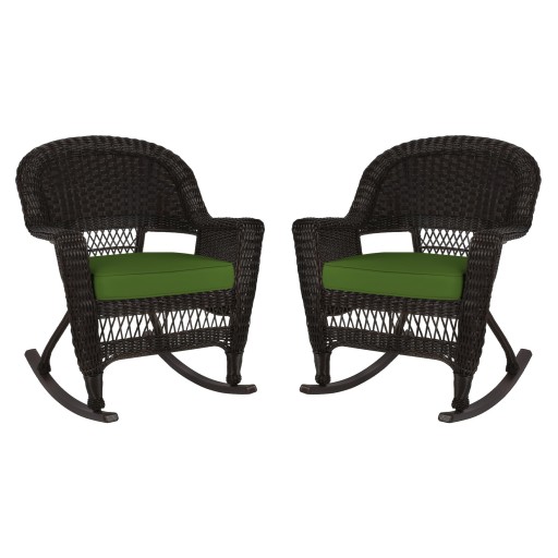 Espresso Rocker Wicker Chair with Hunter Green Cushion -  Set of 2