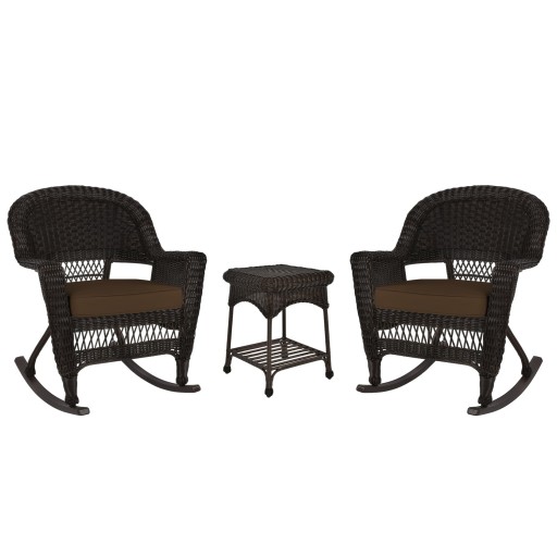 3pc Espresso Rocker Wicker Chair Set With Brown Cushion