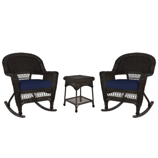 3pc Espresso Rocker Wicker Chair Set With Midnight Blue Cushion