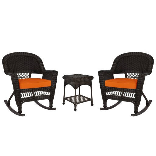 3pc Espresso Rocker Wicker Chair Set With Orange Cushion