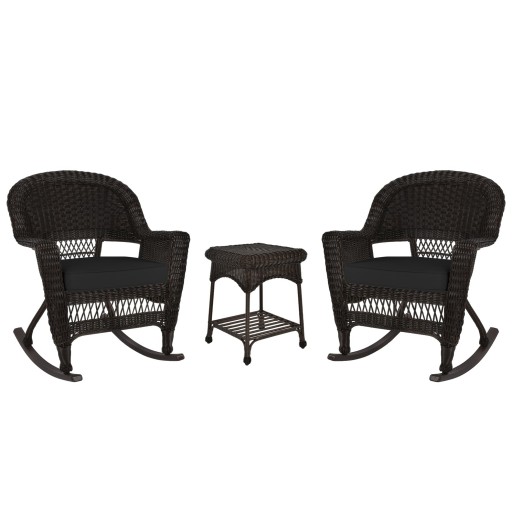 3pc Espresso Rocker Wicker Chair Set With Black Cushion