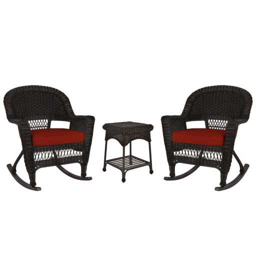 3pc Espresso Rocker Wicker Chair Set With Brick Red Cushion