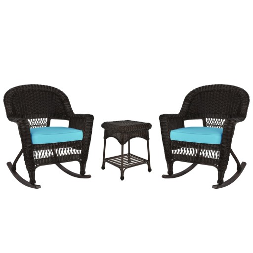3pc Espresso Rocker Wicker Chair Set With Cushion