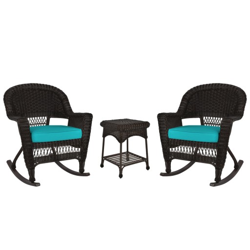 3pc Espresso Rocker Wicker Chair Set With Turquoise Cushion
