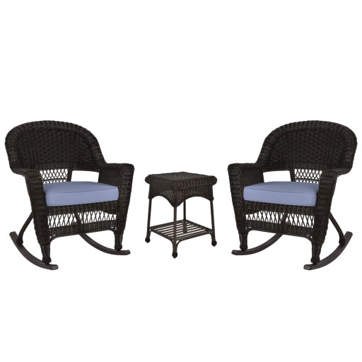 3pc Espresso Rocker Wicker Chair Set With Steel Blue Cushion