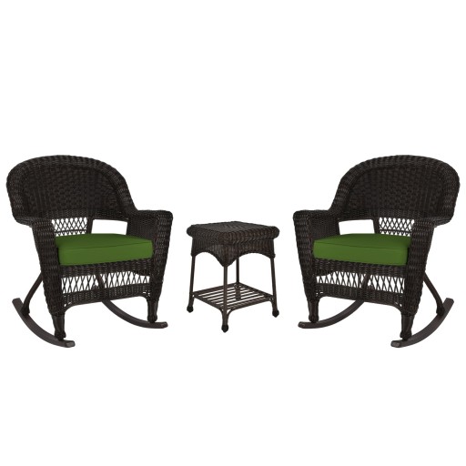3pc Espresso Rocker Wicker Chair Set With Hunter Green Cushion