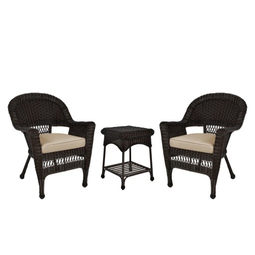 Espresso Wicker Chair And End Table Set With Tan Chair Cushion