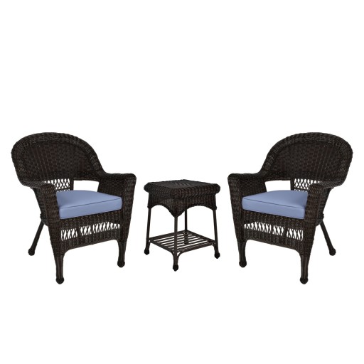 Espresso Wicker Chair And End Table Set With Steel Blue Chair Cushion