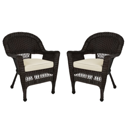 Espresso Wicker Chair With Ivory Cushion - Set of 2