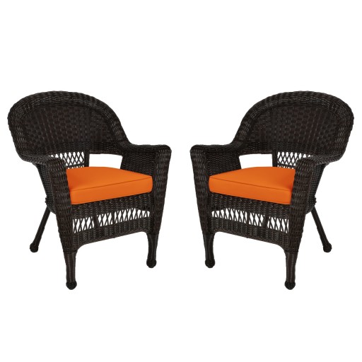 Espresso Wicker Chair With Orange Cushion - Set of 2