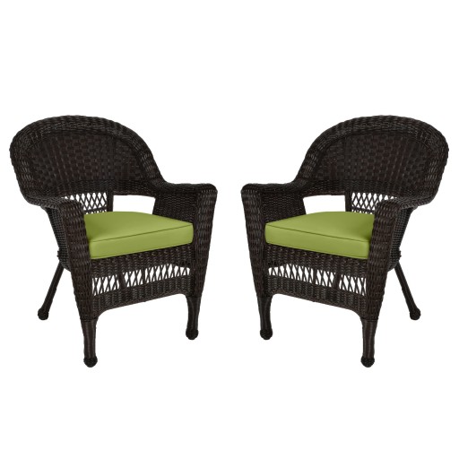 Espresso Wicker Chair With Sage Green Cushion - Set of 2