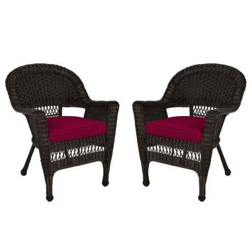 Espresso Wicker Chair With Red Cushion - Set of 2