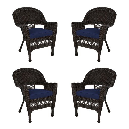 Espresso Wicker Chair With Midnight Blue Cushion - Set of 4