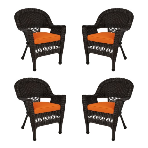 Espresso Wicker Chair With Orange Cushion - Set of 4