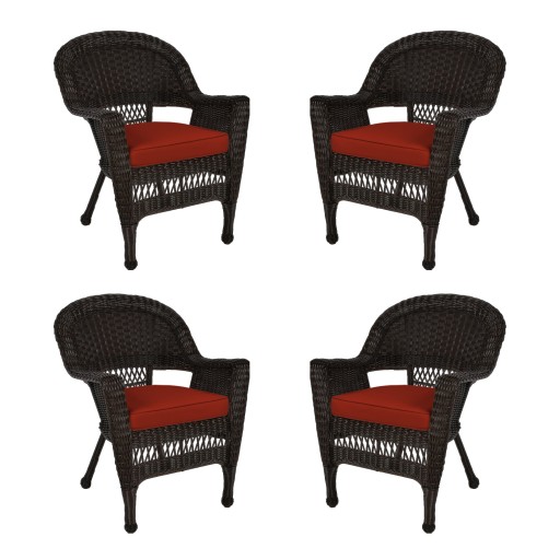 Espresso Wicker Chair With Brick Red Cushion - Set of 4