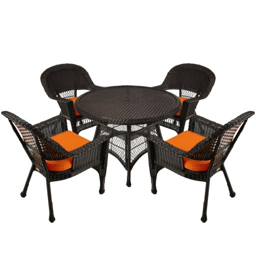 5pc Espresso Wicker Dining Set - Orange Cushions
