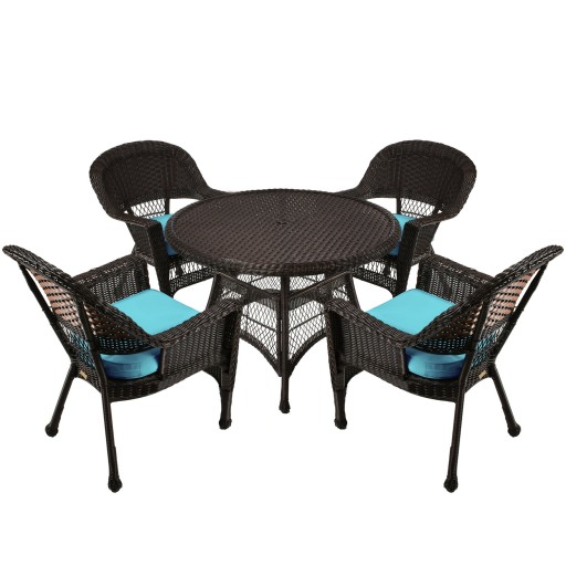 5pc Espresso Wicker Dining Set - Sky Blue Cushions