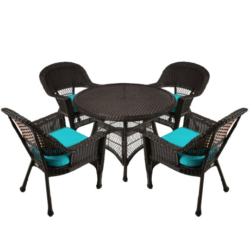 5pc Espresso Wicker Dining Set - Turquoise Cushions