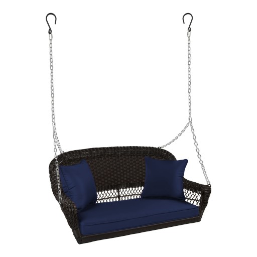 Espresso Resin Wicker Porch Swing with Midnight Blue Cushion