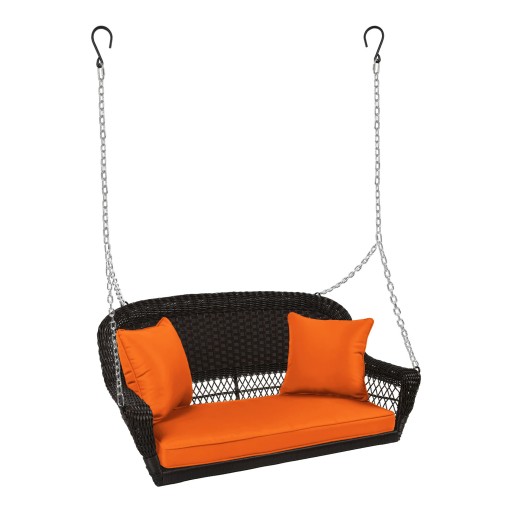 Espresso Resin Wicker Porch Swing with Orange Cushion