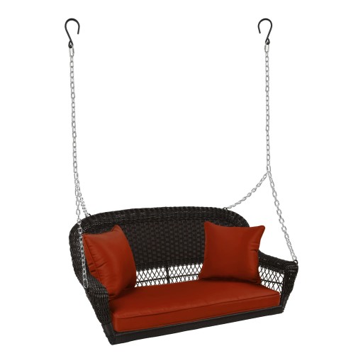 Espresso Resin Wicker Porch Swing with Brick Red Cushion