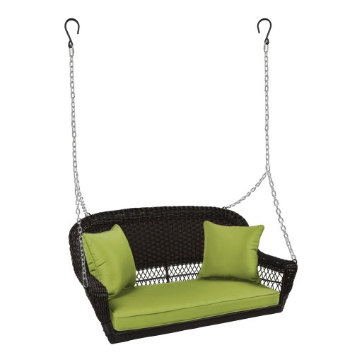 Espresso Resin Wicker Porch Swing with Sage Green Cushion
