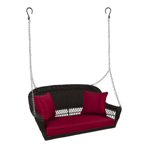 Espresso Resin Wicker Porch Swing with Red Cushion