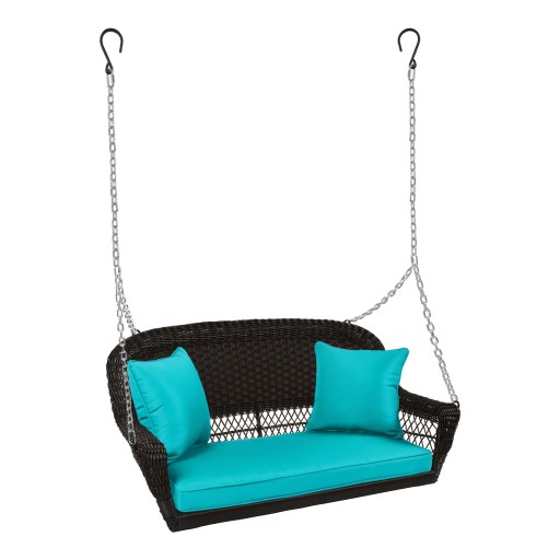 Espresso Resin Wicker Porch Swing with Turquoise Cushion