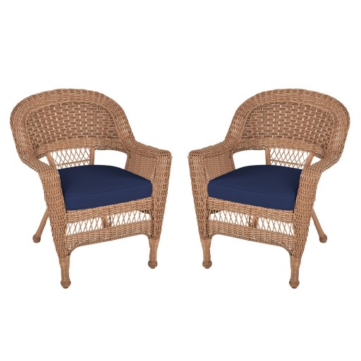 Honey Wicker Chair With Midnight Blue Cushion - Set of 2