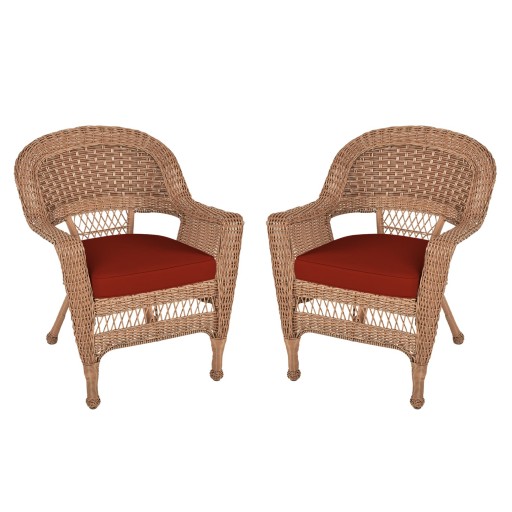 Honey Wicker Chair With Brick Red Cushion - Set of 2