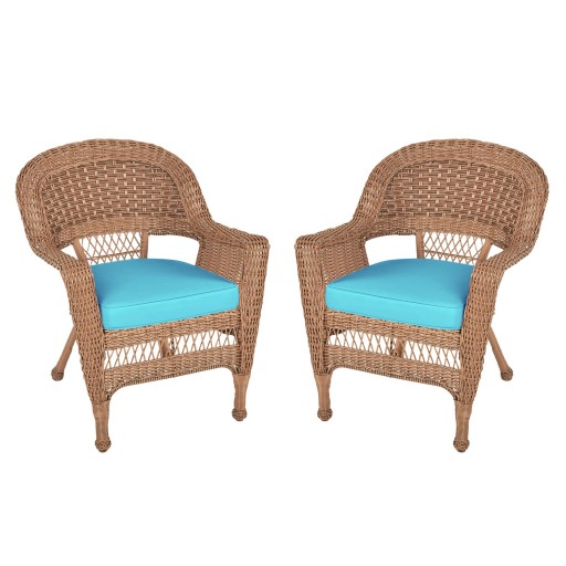 Honey Wicker Chair With Sky Blue Cushion - Set of  2
