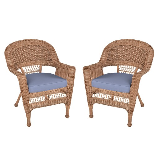 Honey Wicker Chair With Steel Blue Cushion - Set of  2