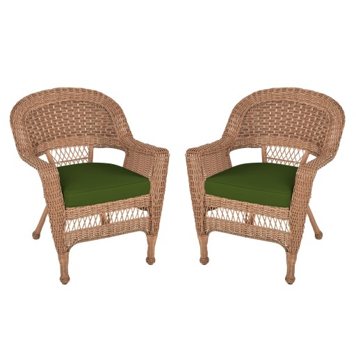 Honey Wicker Chair With Hunter Green Cushion - Set of  2