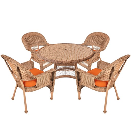 5pc Honey Wicker Dining Set - Orange Cushions