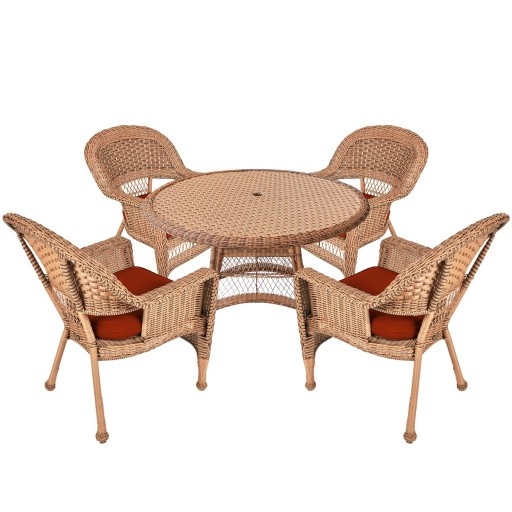 5pc Honey Wicker Dining Set - Brick Red Cushions