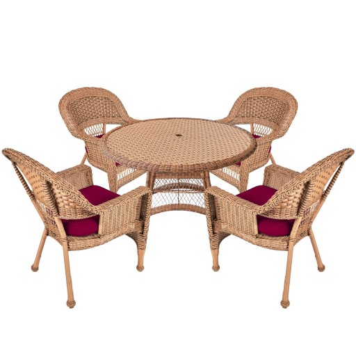 5pc Honey Wicker Dining Set - Red Cushions
