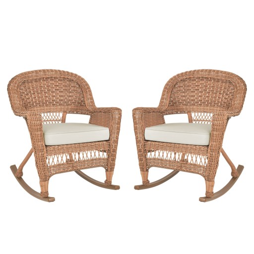 Honey Rocker Wicker Chair with Ivory Cushion -  Set of 2