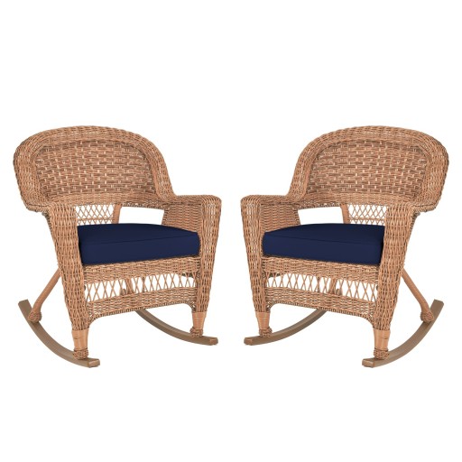 Honey Rocker Wicker Chair with Midnight Blue Cushion -  Set of 2