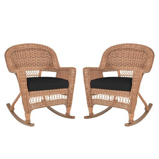Honey Rocker Wicker Chair with Black Cushion -  Set of 2