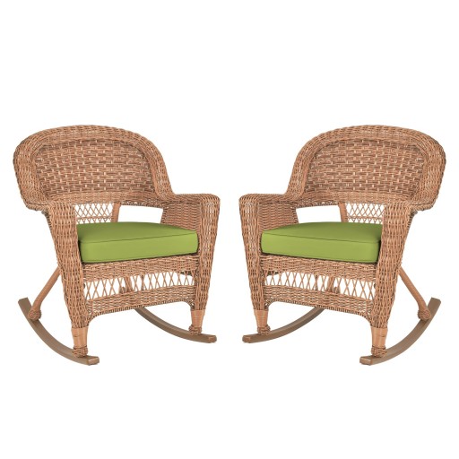 Honey Rocker Wicker Chair with Sage Green Cushion -  Set of 2